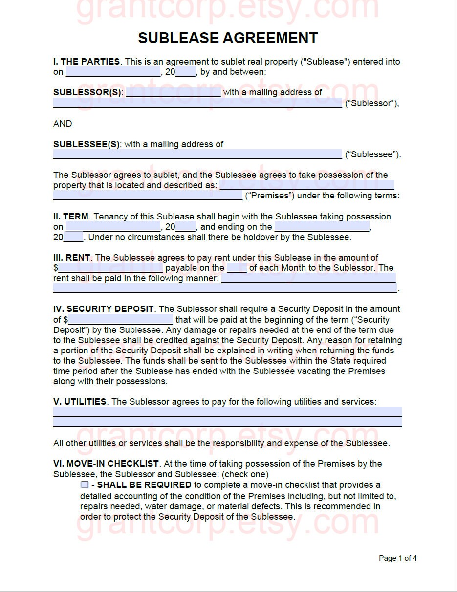 Sublease Contract Template | Fillable PDF, Instant Access