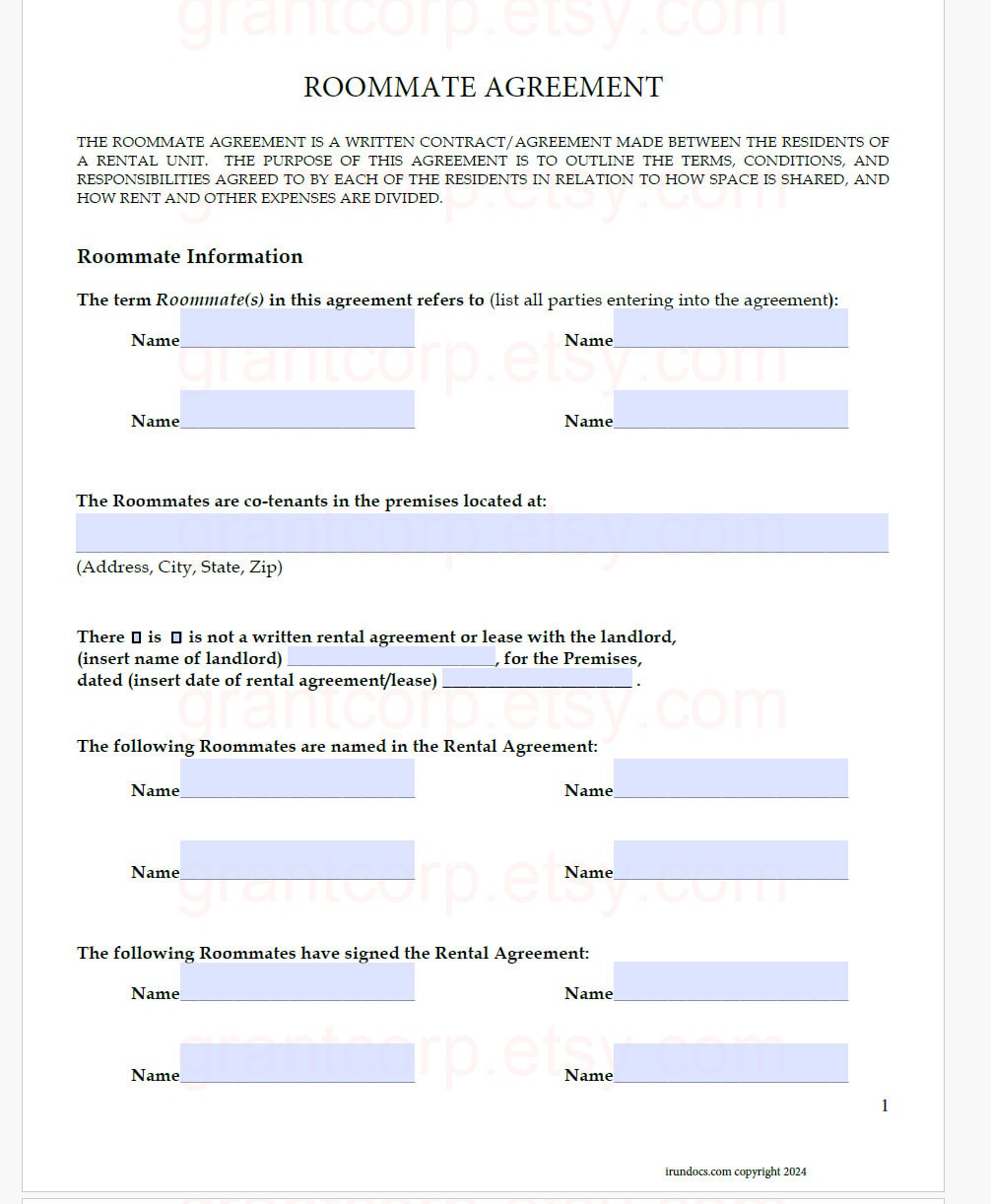 Roommate Rental Lease Agreement Instant download fillable PDF