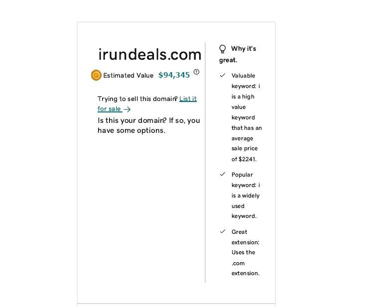 Premium Domain Name: irundeals.com | Catchy, Brandable, eCommerce & Deal-Focused | SEO-Friendly