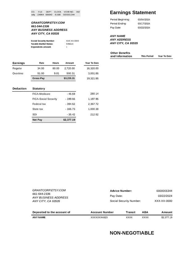 Professional Pay Stub Template For Business Contractors Employees | Fillable Pay Stub Instant Download!